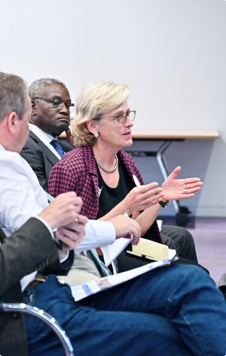 A woman, representing Nedonboard, confidently addresses a diverse group of professionals, actively engaging in conversation and sharing valuable information on board governance and leadership.
