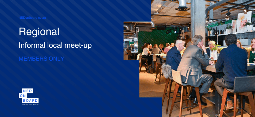 Group of diverse professionals from Nedonboard engaging in lively conversation while dining at a vibrant restaurant.