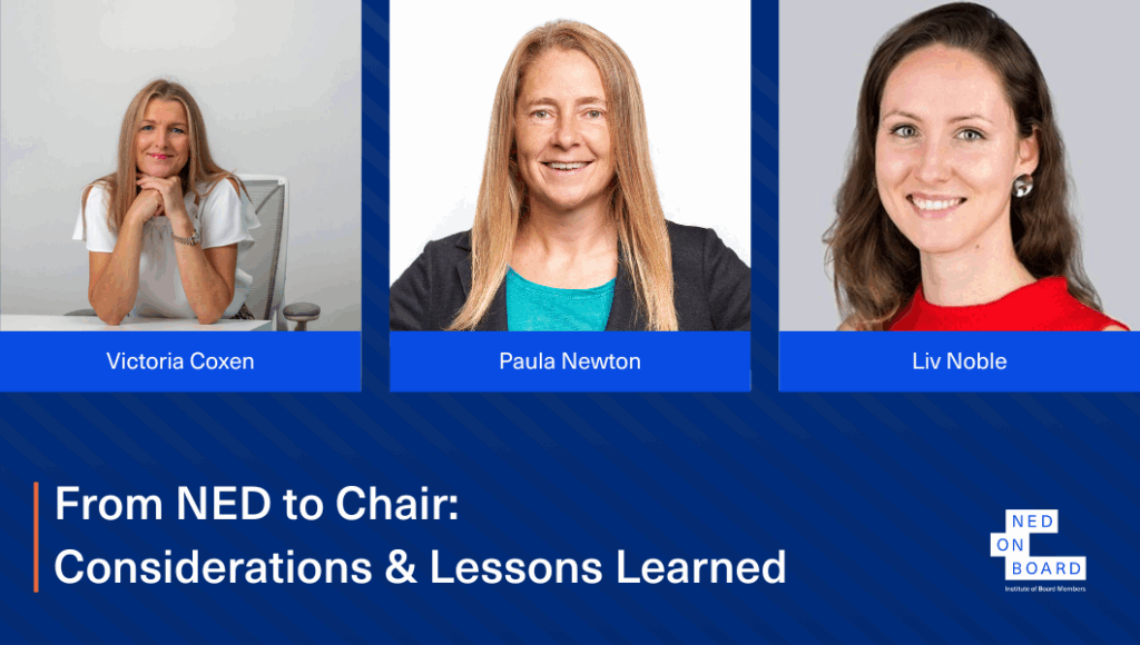 Pictures of the speakers for the online panel event on the transition from non-executive director (NED) to board chair