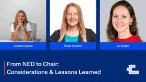 Pictures of the speakers for the online panel event on the transition from non-executive director (NED) to board chair