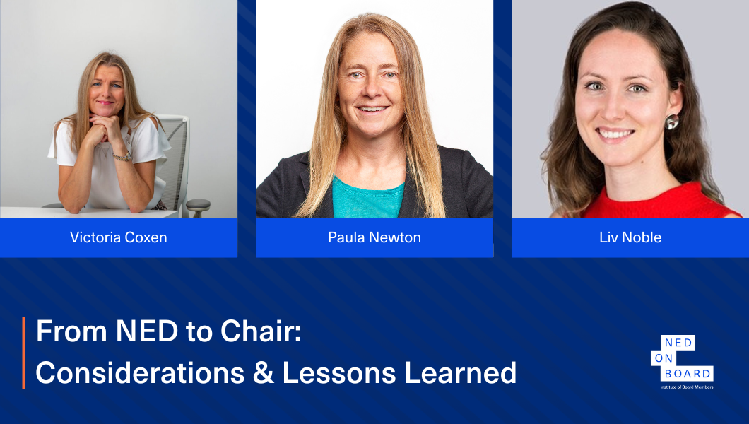 Pictures of the speakers for the online panel event on the transition from non-executive director (NED) to board chair