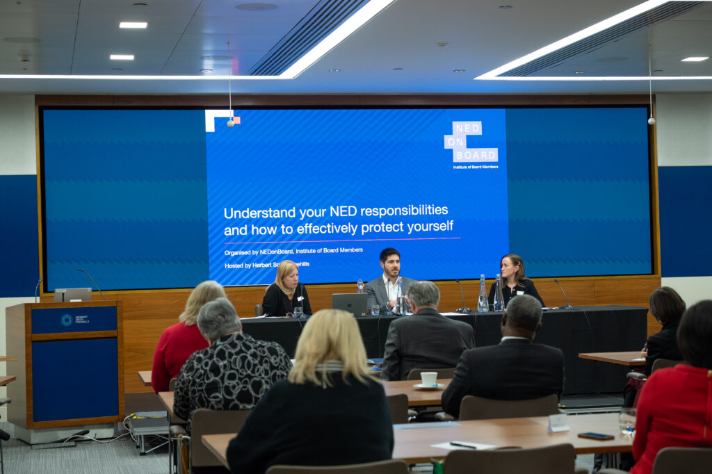 NEDonBoard panel event on the non-executive director role, picture of 3 speakers and a few attendees