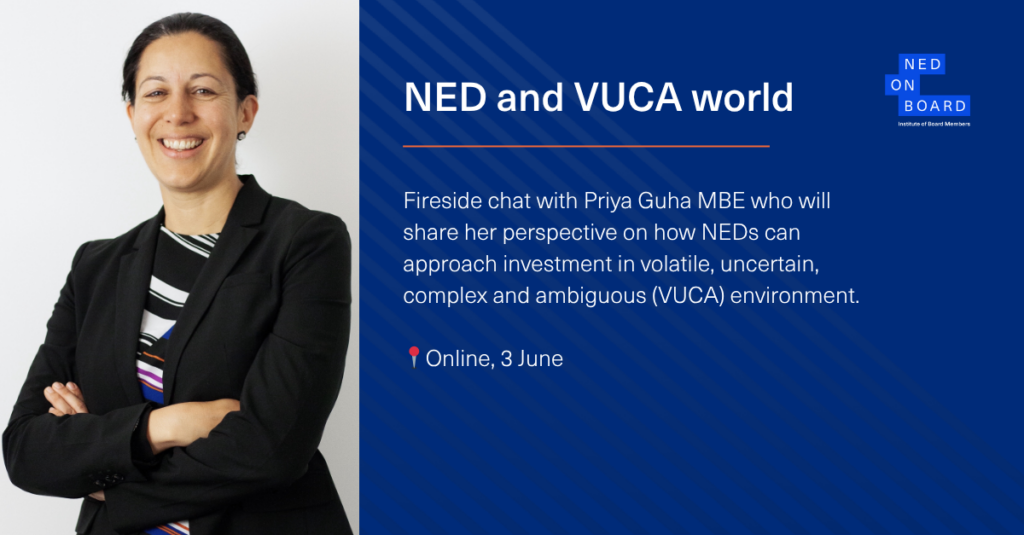 Picture of Priya Guha MBE. speaker of NEDonBoard event on adding value in fast changing environment.