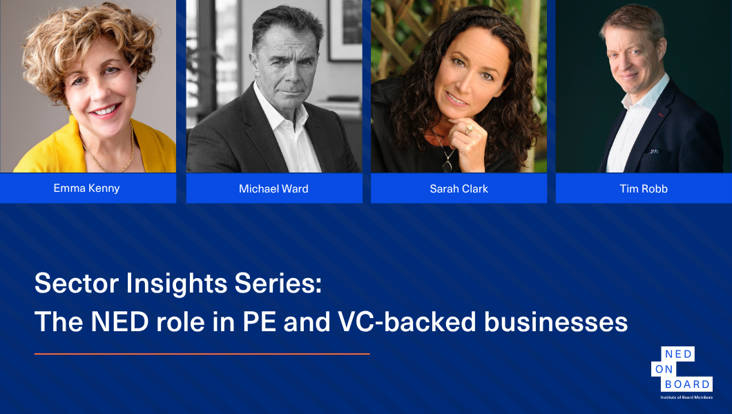 Pictures of speakers at a NEDonBoard panel: serving on the board of a PE or VC backed business